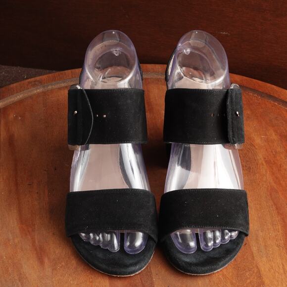 Stuart Weitzman Sandals WMS SZ 5.5M BLK Suede Block Heel Buckle Slingback Shoes - Picture 2 of 13